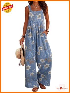 Women's Floral Denim Overalls Stretch Wide Leg Bib Jumpsuit